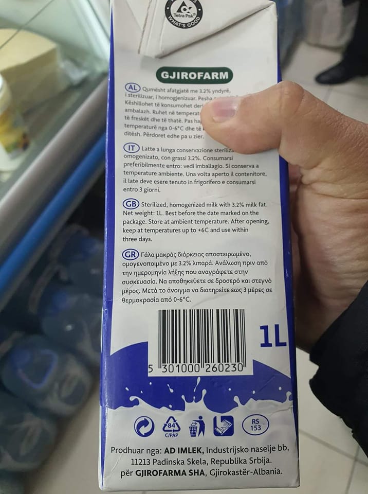  SKANDALI/ Qumështi i kompanisë “Gjirofarm” me bar kod të Shqipërisë prodhohet në Serbi, alarmohen qytetarët